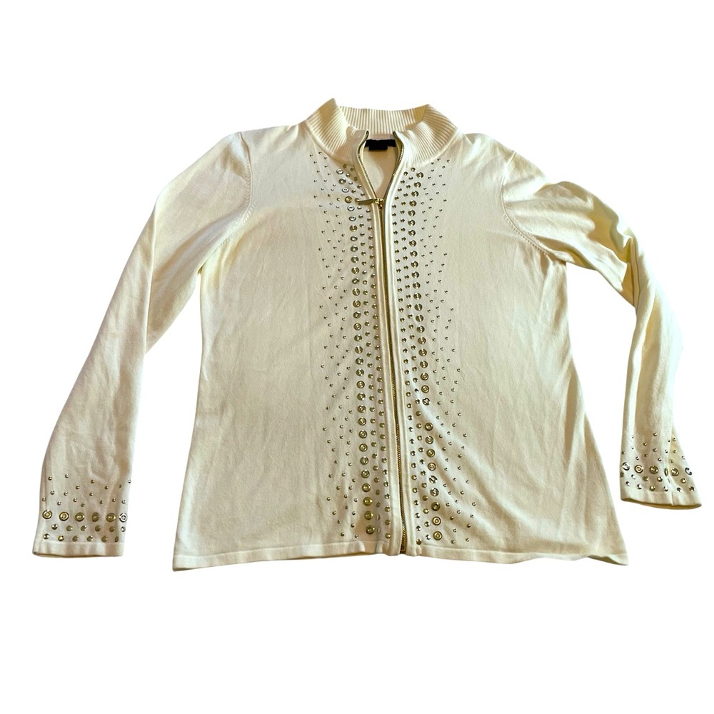 Cream‎ Studded Zip-Up Cardigan~ Size Large ~ Holiday Wear